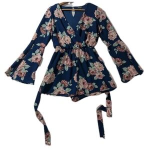 Lily Rose Navy Floral Long Bell Sleeve Wrap Romper Womens Size Small S